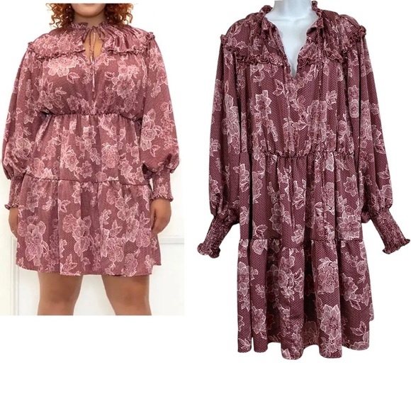 ELOQUII Elements Wine Floral Satin Dress Plus Size 14/16 Ruffle Yoke Long Sleeve - Picture 1 of 15